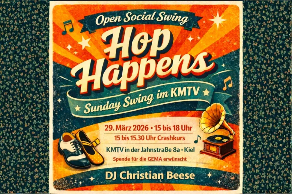Veranstaltungsposter für ‚Hop Happens – Sunday Swing im KMTV‘ am 29. März 2026 mit Social Swing, Crashkurs und DJ Christian Beese.