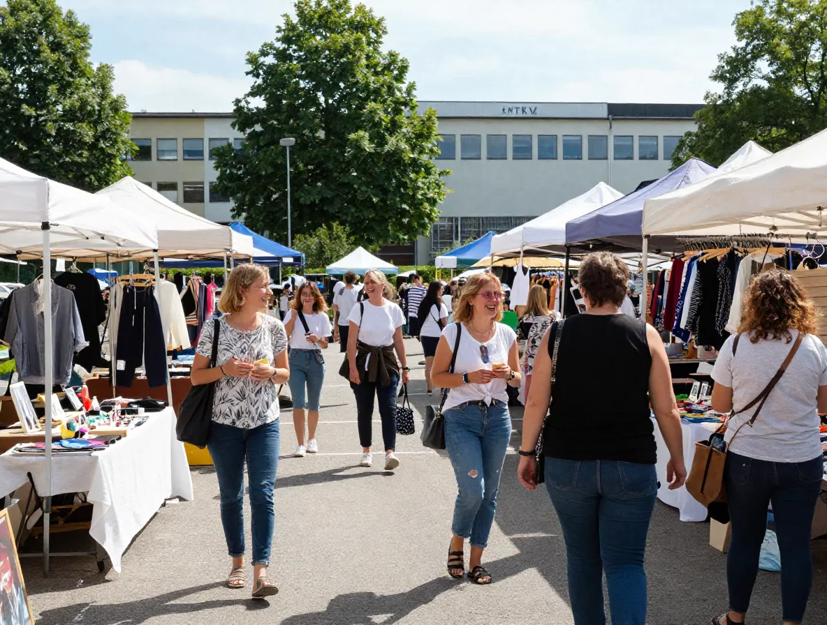 Frauen schlendern zwischen Flohmarktständen ohne Dach die ebenfalls von Frauen betreut werden auf einem Vereinsgelände, im Hintergrund Bäume, das Gebäude des KMTV in Kiel-Falckenstein und sommerliches Licht.